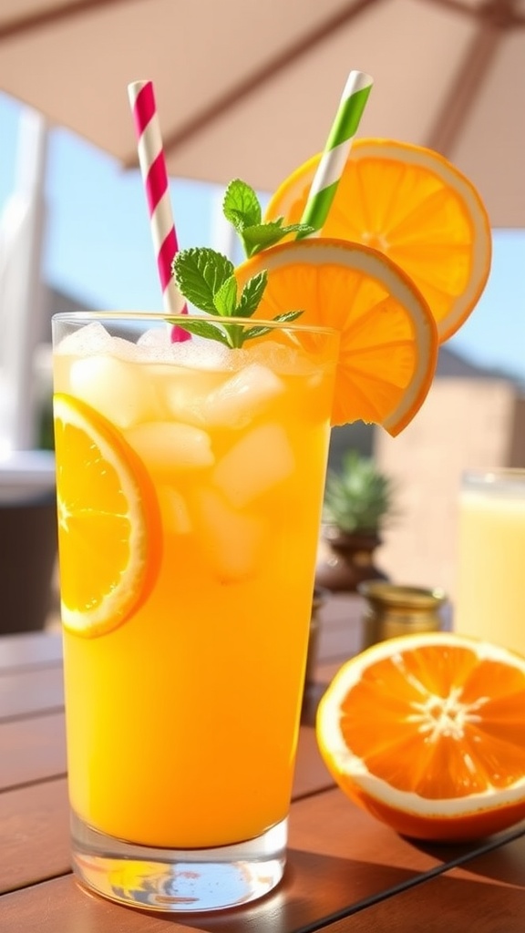A refreshing Zesty Orange Tequila Cooler with orange and lime garnishes in a sunny outdoor setting.